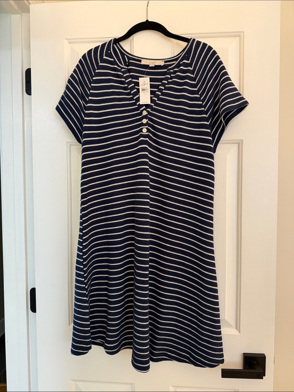 LOFT Navy and White Striped Henley Swing Mini Dress